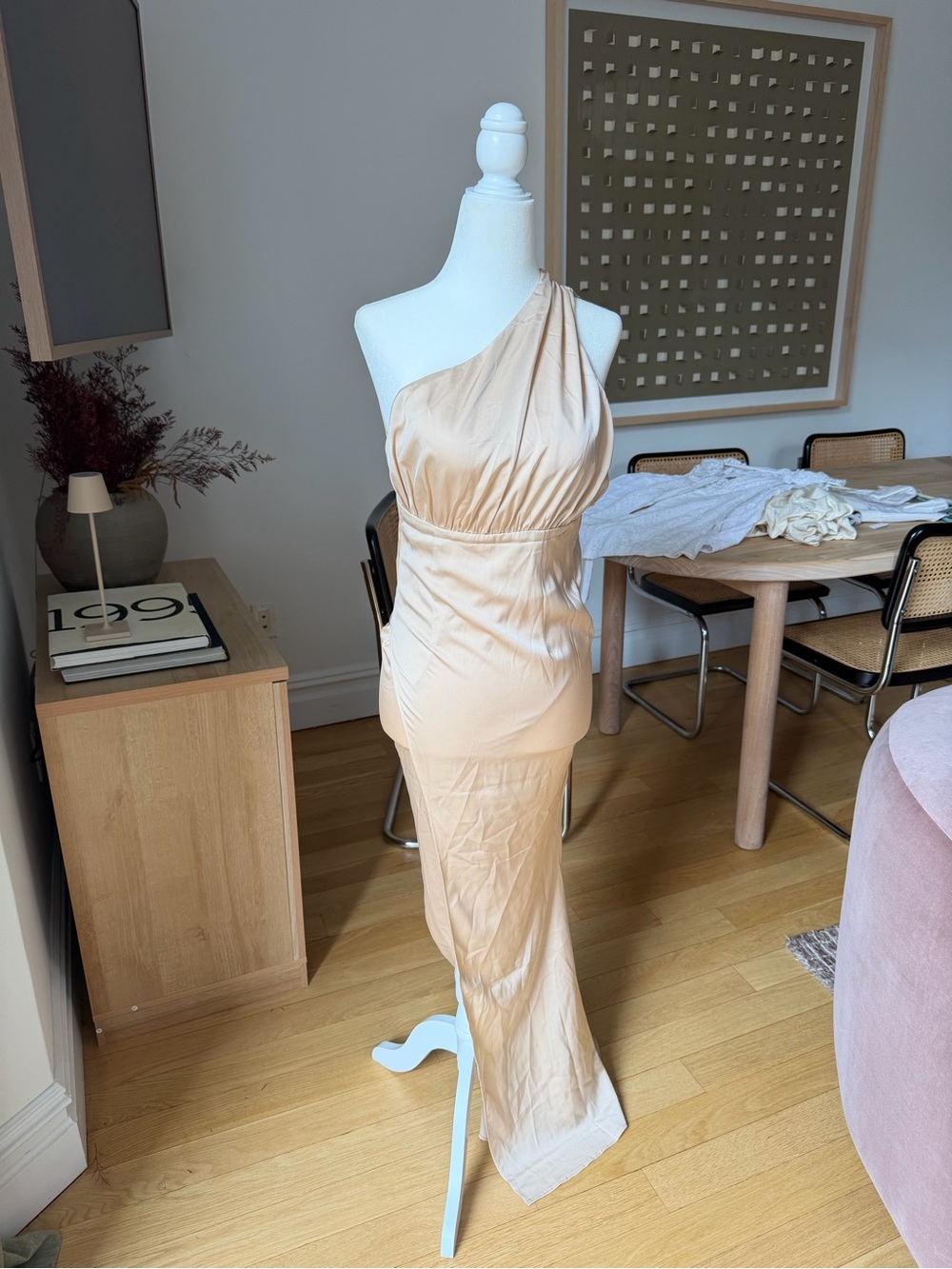 Beginning Boutique One-Shoulder Champagne Satin Gown